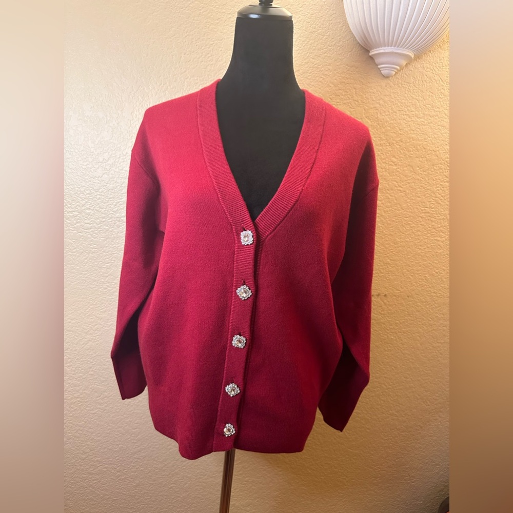Tahari Sweater Jeweled Buttons Cranberry Red Womens Small Cardigan
